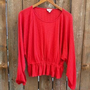 WILLOW RED Women’s Red Long Sleeve Ruffle Hem Peplum Blouse Size Medium